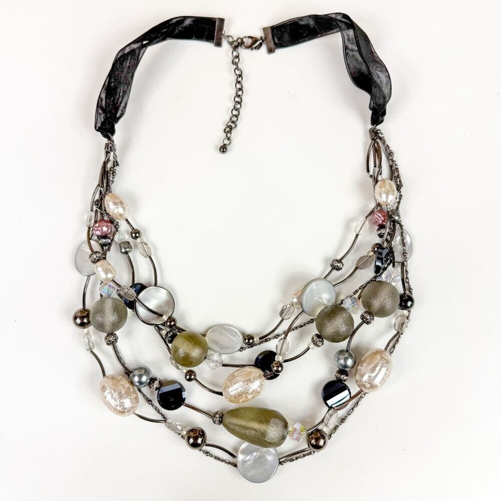 Chicos Multi Strand Faux Pearl Mixed Material Grey Beaded Ribbon Statement Neckl